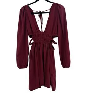 Forever 21 Cut-Out Waist Peasant Puff Sleeve Mini Dress Small Burgundy V-Neck